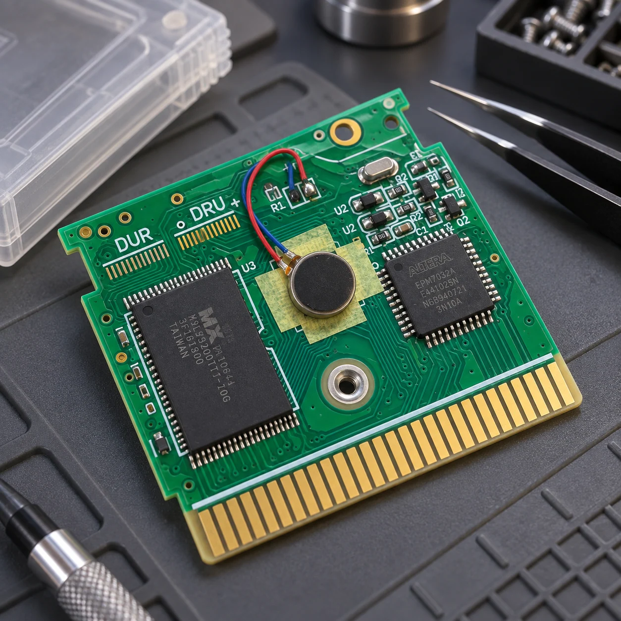Illustrative battery-equipped GBC board closeup, not an actual factory photo